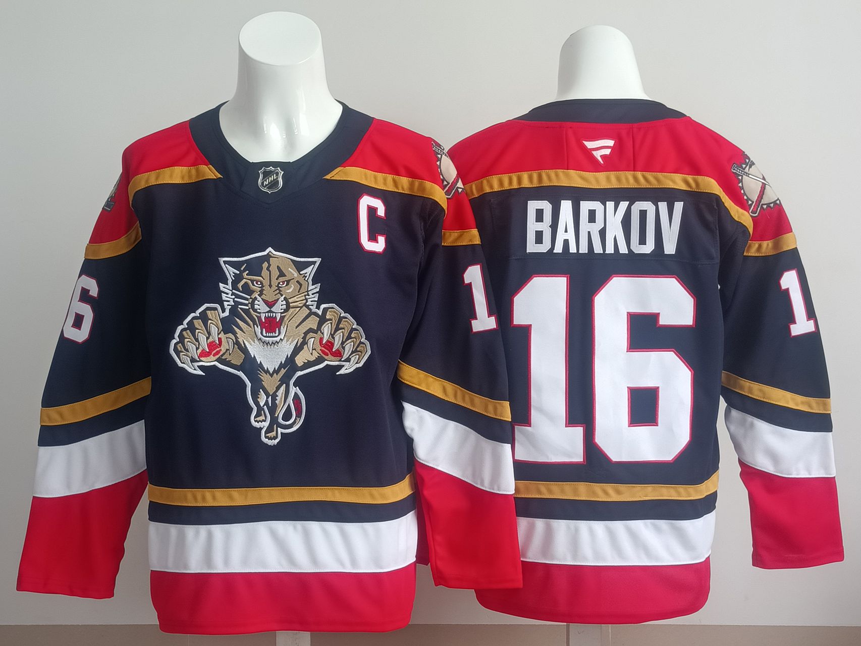 Men 2025 Florida Panthers #16 Barkov Blue Fanatics Home Premium NHL Jersey style 1